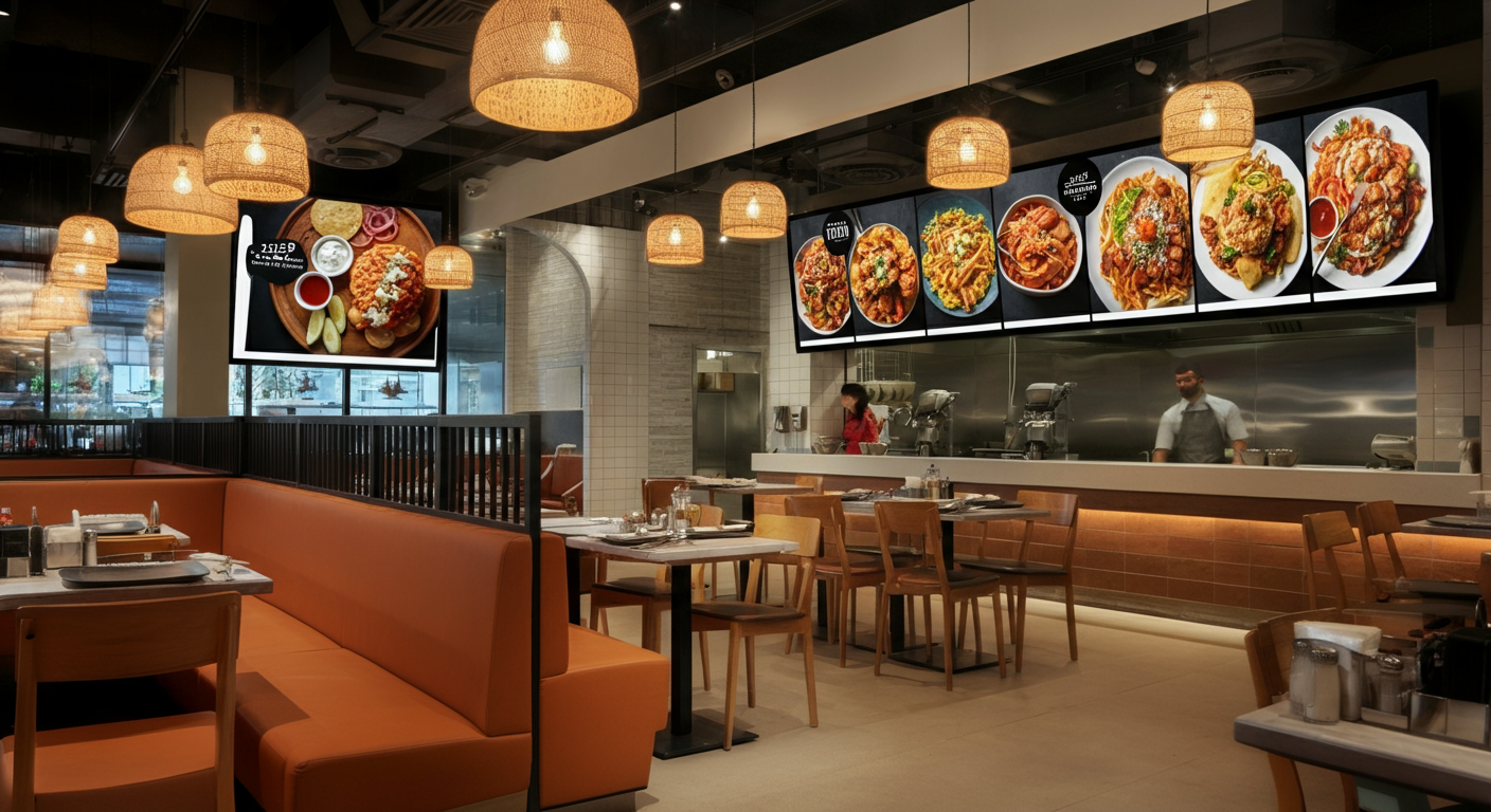 Modern restaurant interior with digital signage displaying menu items above the counter, enhancing the dining experience with visually appealing and dynamic content.