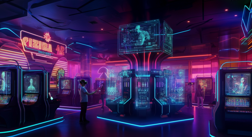 Futuristic casino interior with neon lights, digital displays, and holographic visuals, showcasing immersive technology in modern casino entertainment