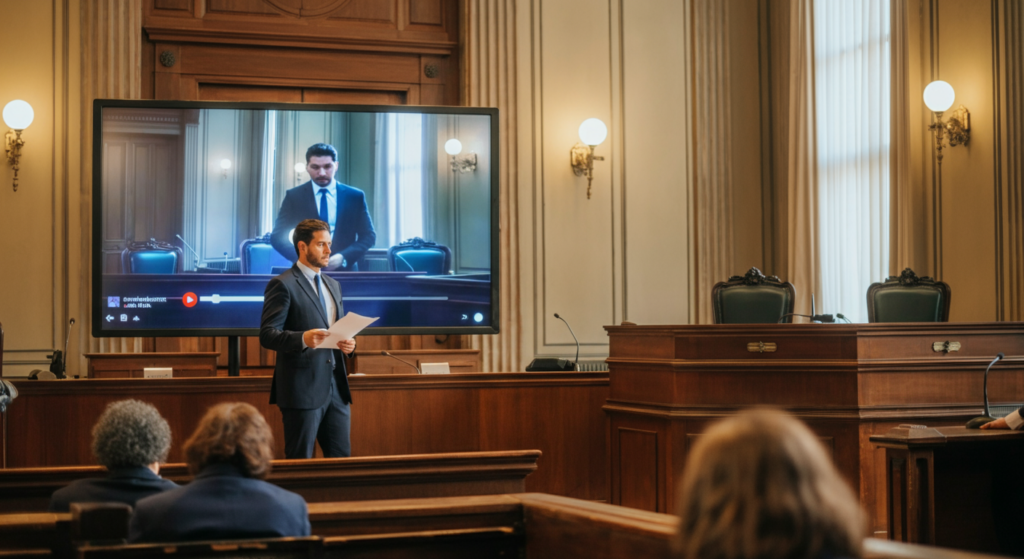 Lawyer presenting in a courtroom with a large screen displaying video evidence, representing the legal aspects of commercial video programming.